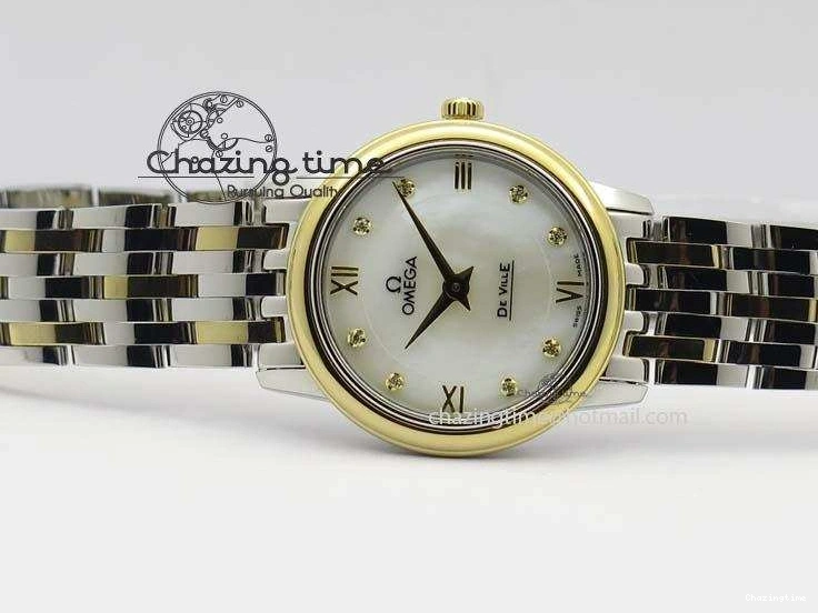 0503 OnTrend De Ville 27mm SS YG Ladies MK 1:1 Best Edition White MOP Dial Diamond Markers On SS Bracelet Ronda Quartz 8187